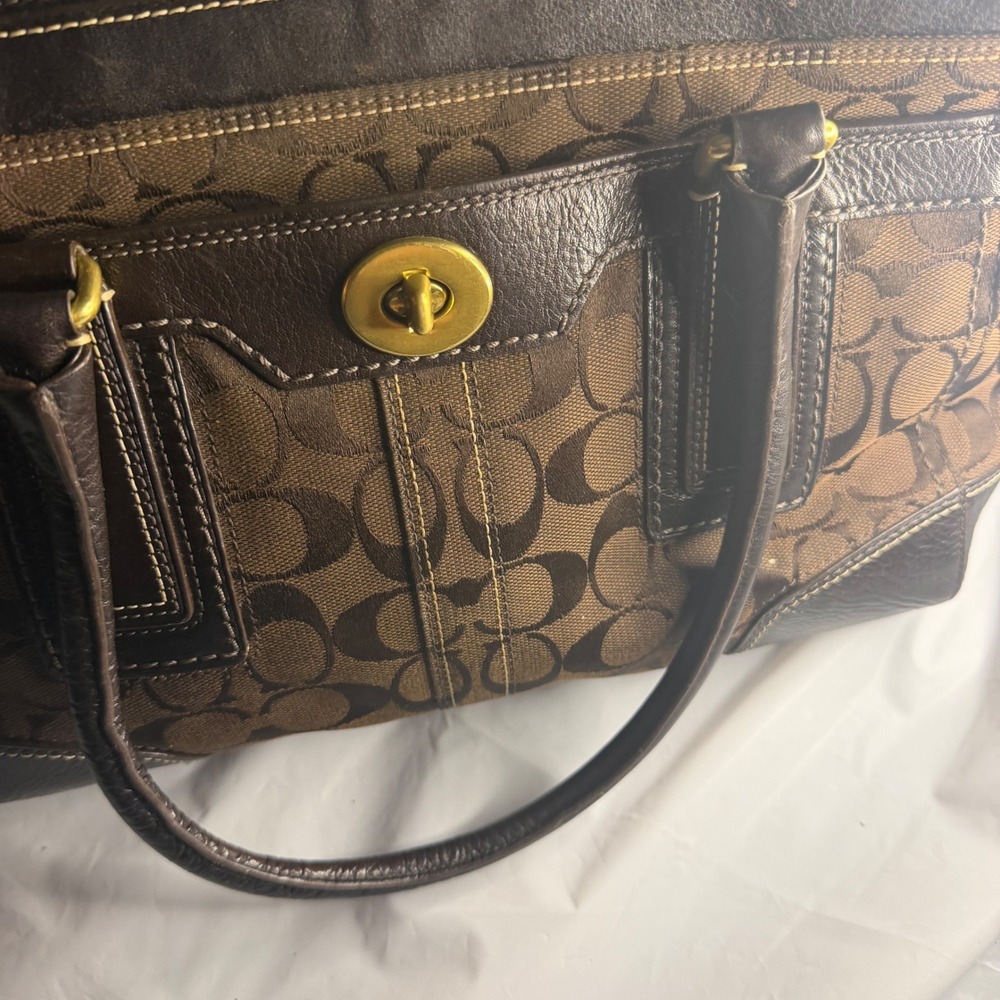 Coach Womens Signature C Monogram Satchel Bag Medium Brown Leather Trim 11062